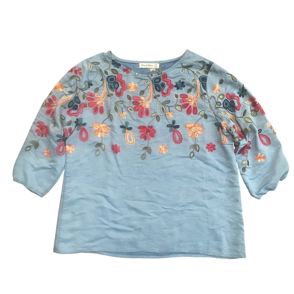 Ana & Rose Womens Blue Floral Embroidered 3/4 Sleeve Blouse Top Medium‎ M